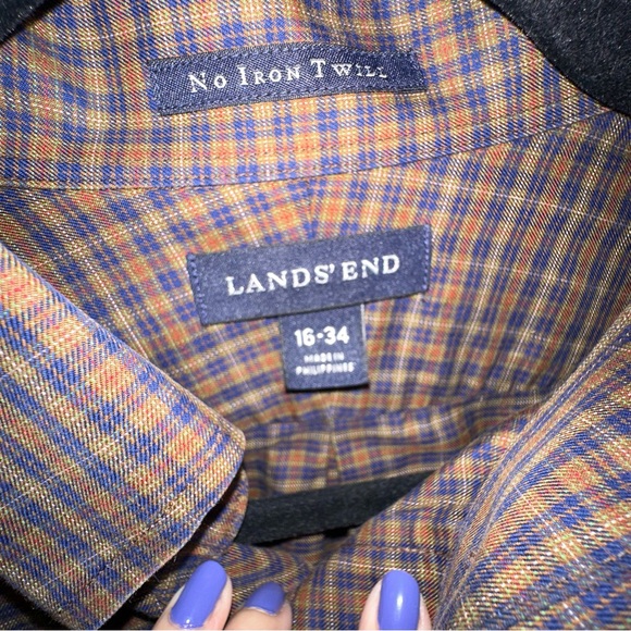 Men's Land's End No Iron Twill Brown/Blue Checkered Button Down - Size 16 - 34 - Picture 2 of 6